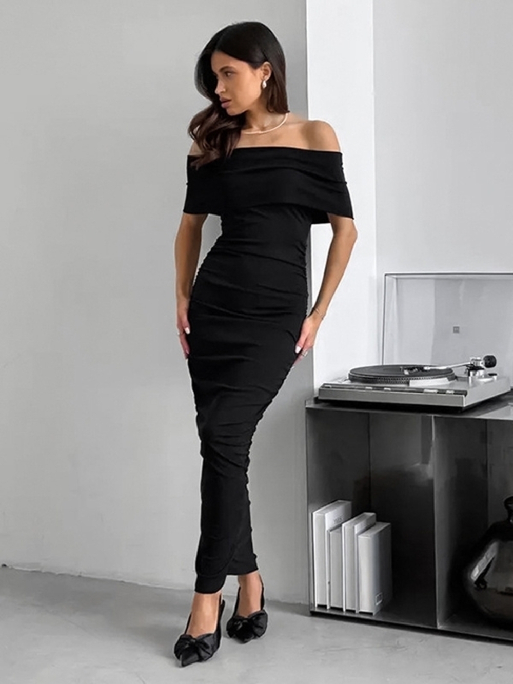 cameo One-Shoulder Black Ruched Midi Dress